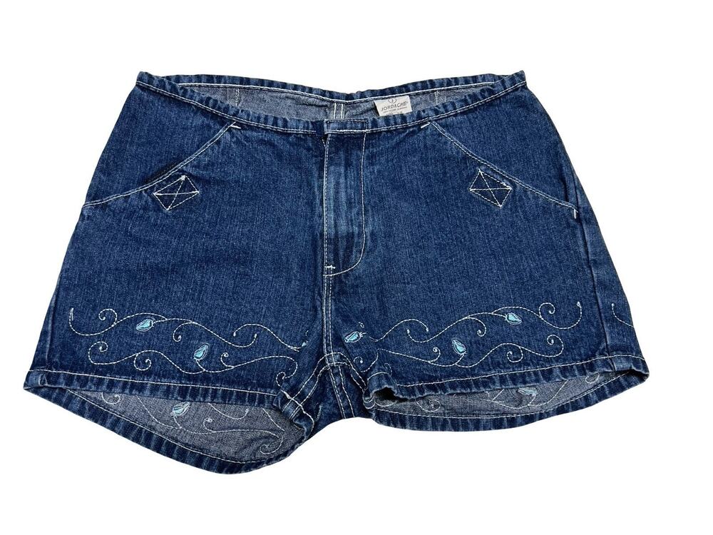 Vintage Jordache y2k Dark Wash Denim Embroidered Low Rise Micro Shorts SZ 7/8